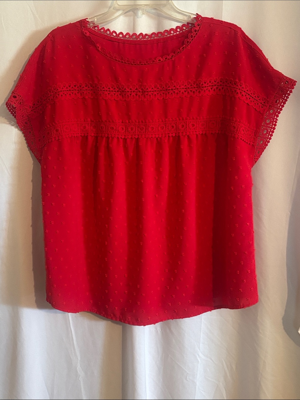 Women's Red Swiss Dot, Lace Yoke Blouse